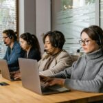 Four people with headsets sitting in a row at laptops on a wooden desk, a woman with glasses in the foreground