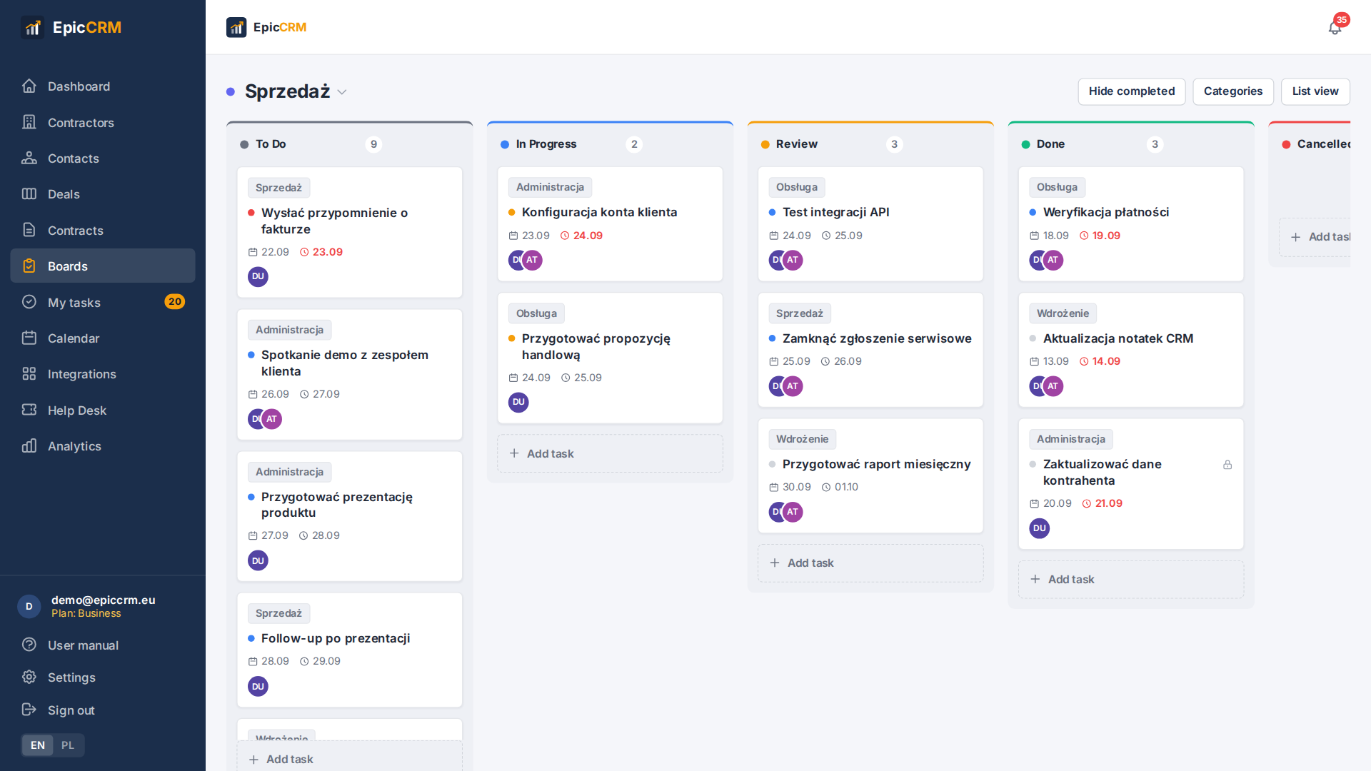 Kanban task board in EpicCRM