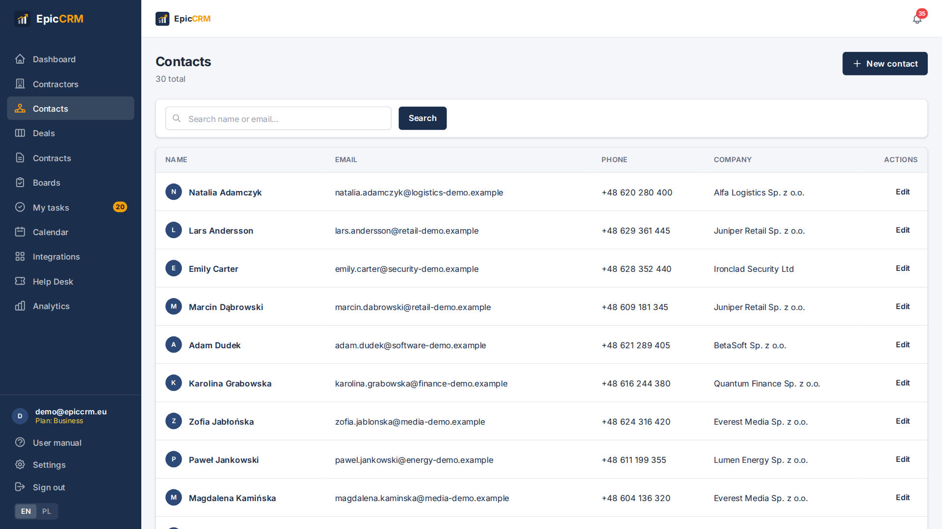 Contact list in EpicCRM
