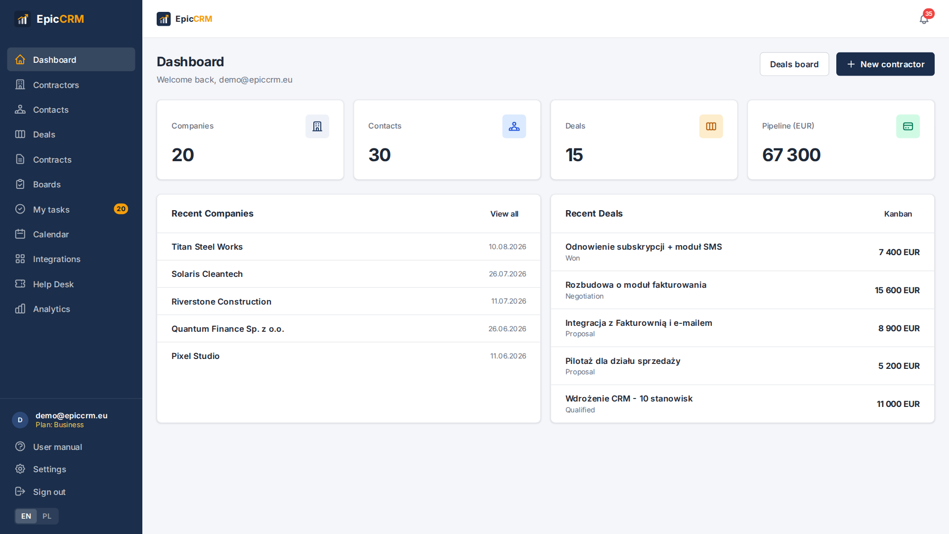 EpicCRM dashboard with companies, contacts and deals
