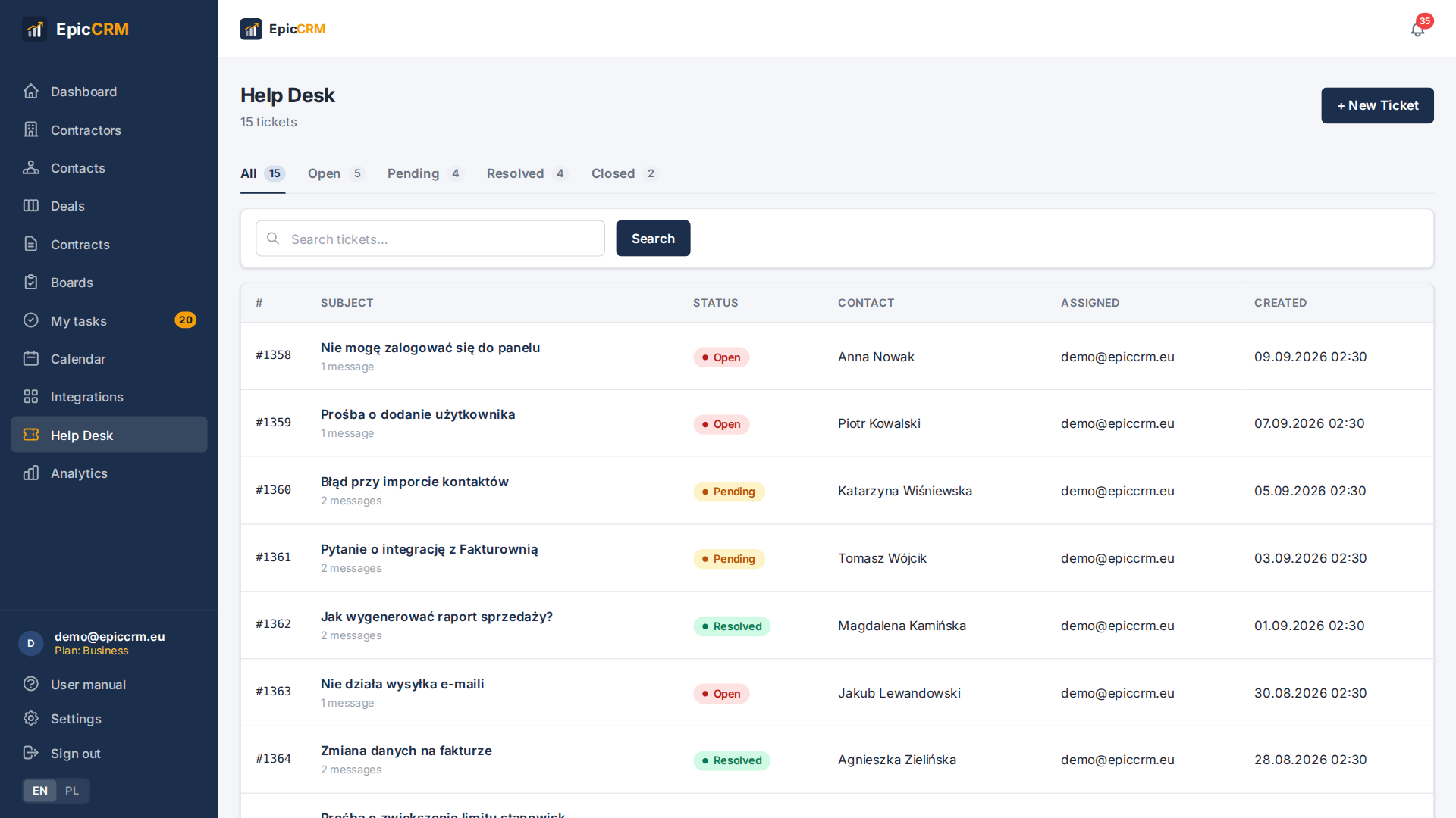 Customer tickets in the EpicCRM help desk