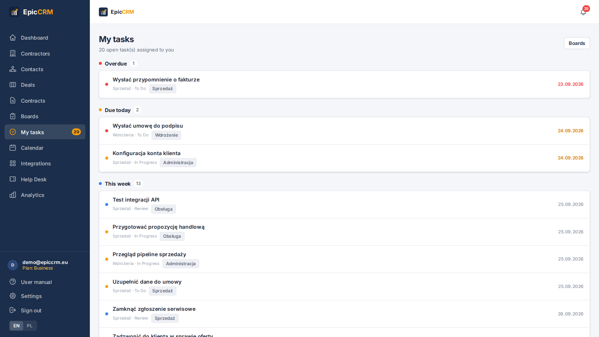 My tasks list in EpicCRM