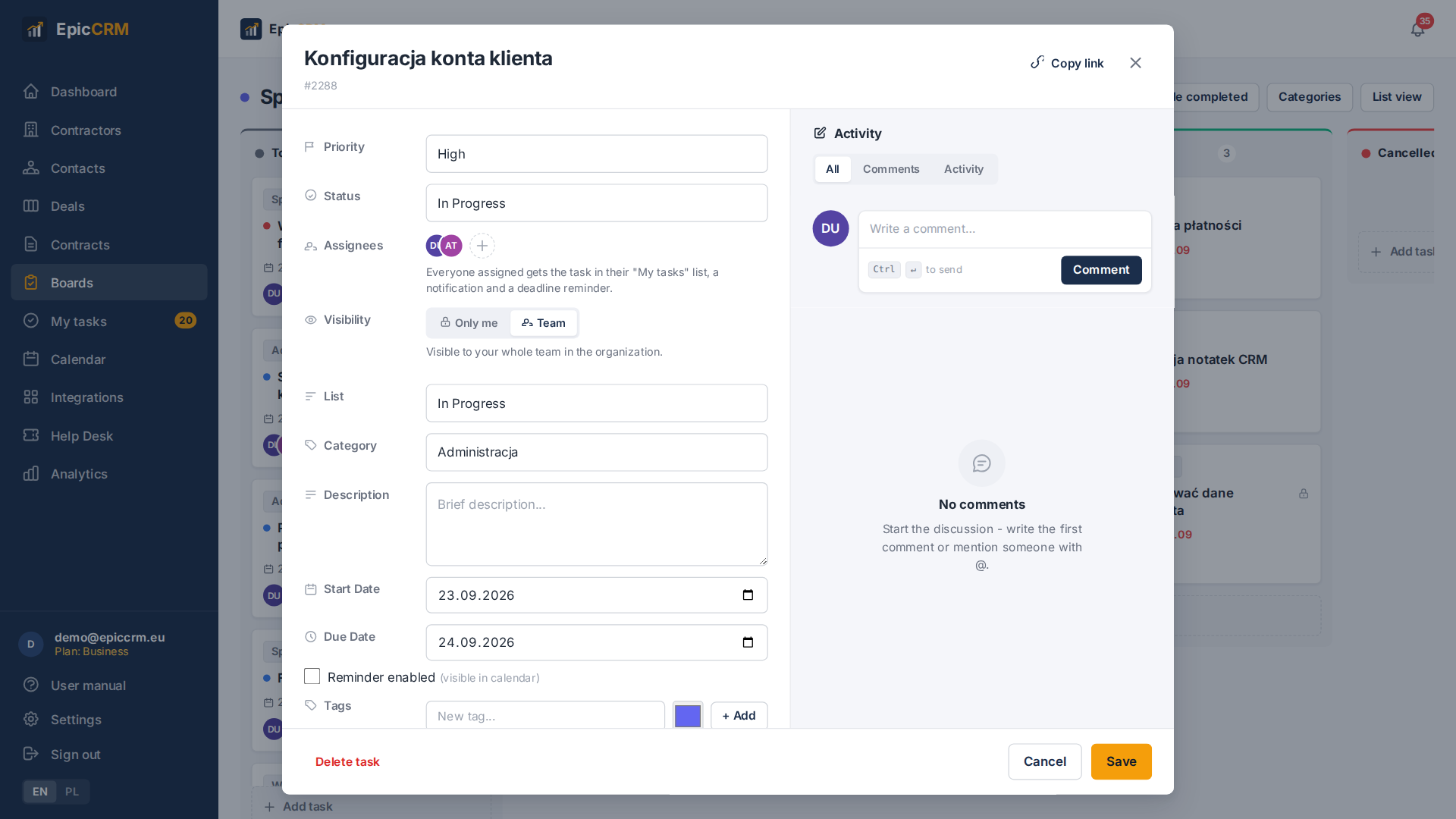 Task card with assignees, visibility and comments